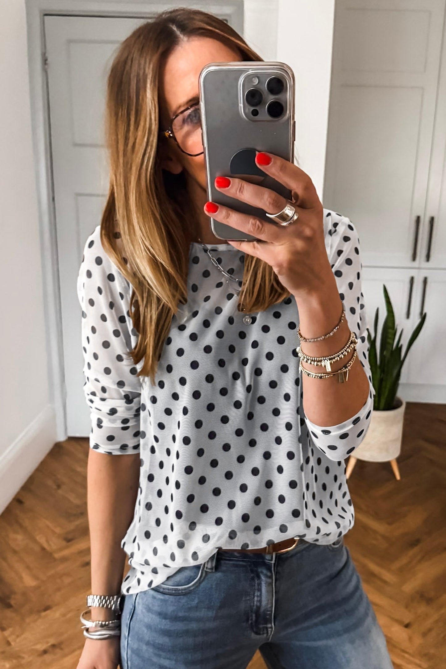 Black Polka Dot Sheer Mesh Long Sleeve Round Neck Shift Top