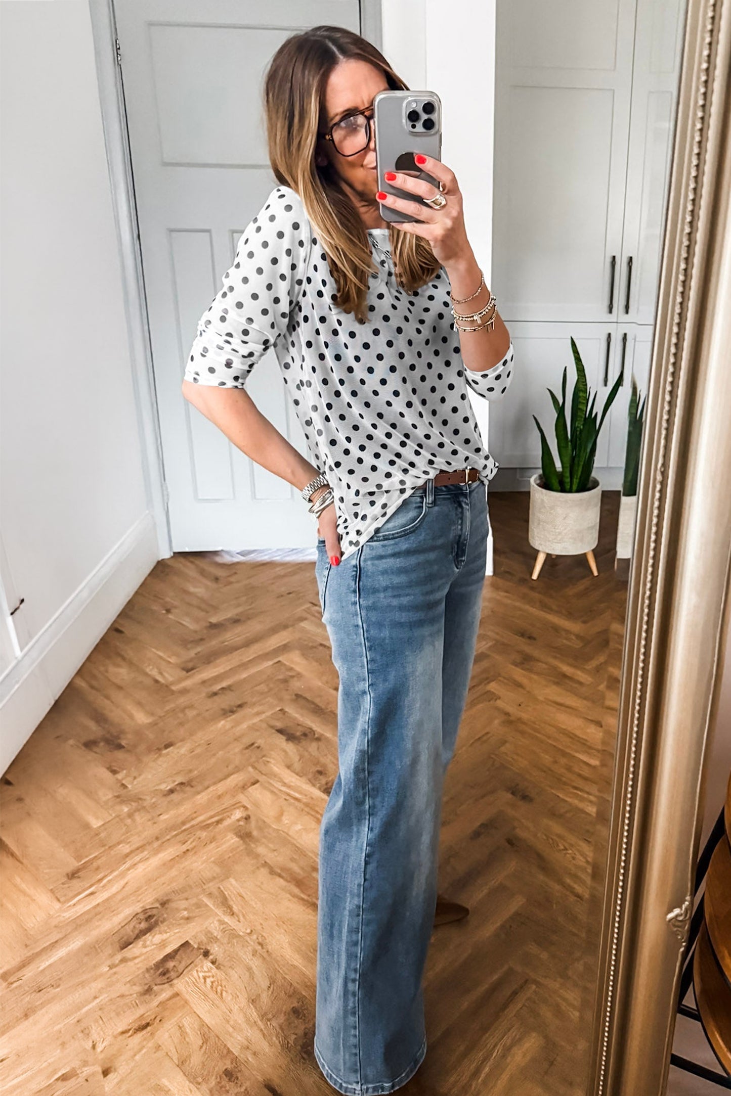 Black Polka Dot Sheer Mesh Long Sleeve Round Neck Shift Top