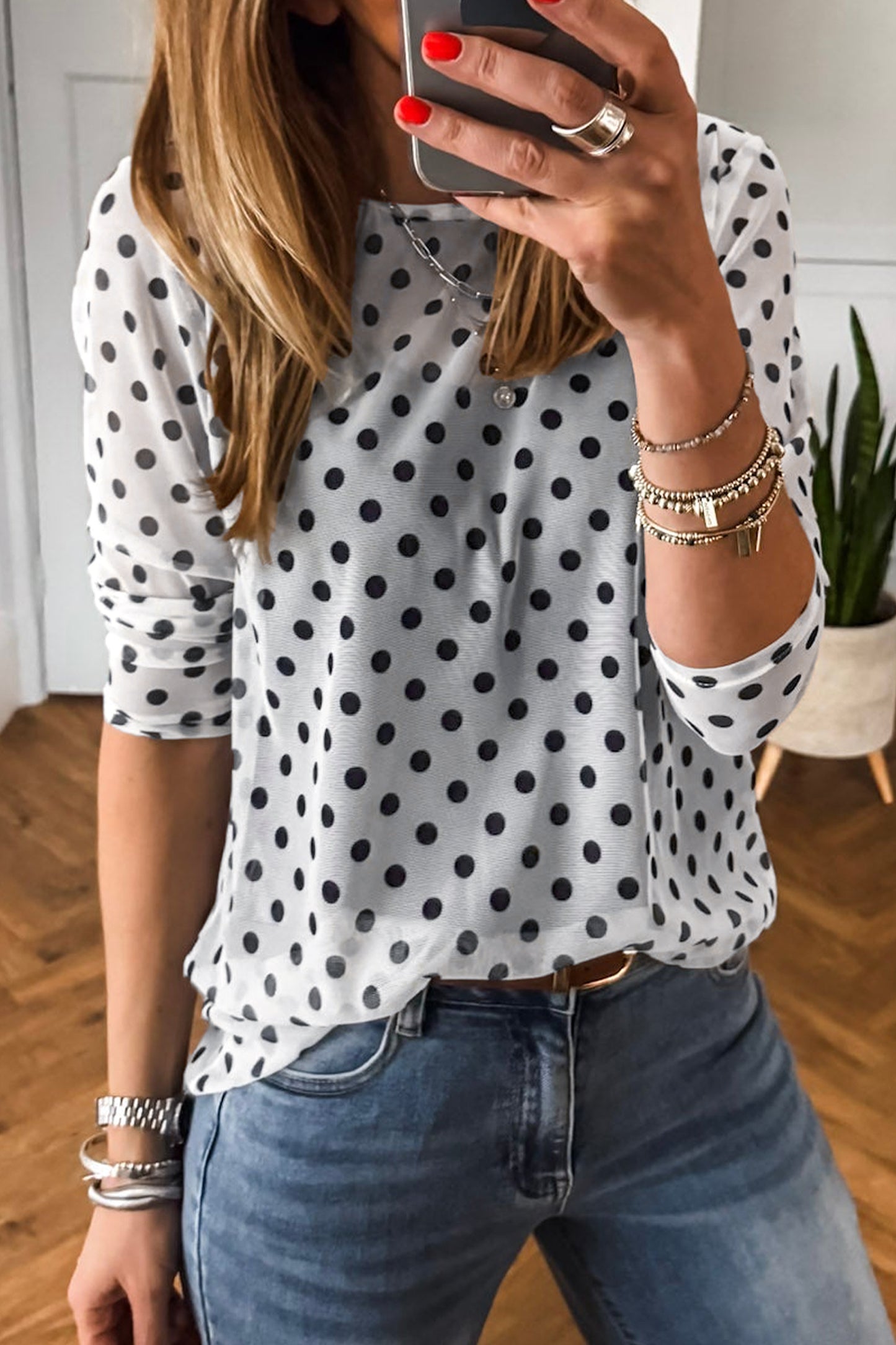 Black Polka Dot Sheer Mesh Long Sleeve Round Neck Shift Top